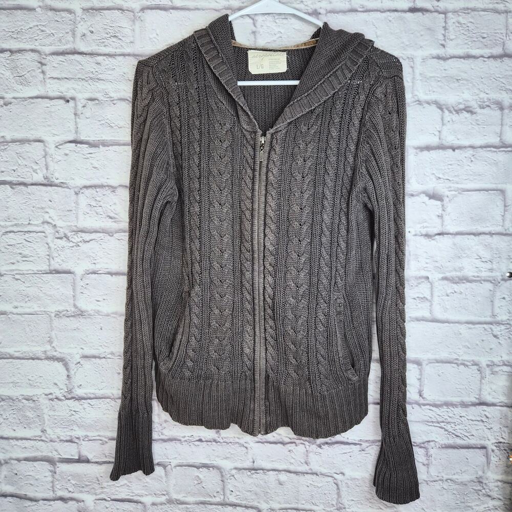 VTG Aeropostale Cable Knit Hoodie Jacket Brown Gray Women's L Y2K Grunge Fairy.